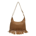 Bohemian caramel brown fringe crossbody bag with adjustable strap in pebble leather - Tan / 22*26*6.5