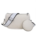 White faux leather crossbody bag with woven texture and matching round coin purse - Beige