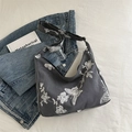 Dark gray canvas hobo bag featuring white butterfly embroidery and adjustable shoulder strap - Dark Gray Base White Embroidery
