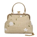 Sac à main vintage en paille beige avec broderie florale et anse anneau en métal doré - Blanc