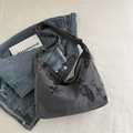 Dark grey canvas hobo bag featuring black butterfly embroidery and wide strap - Dark Gray Base Black Embroidery