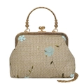 Sac en paille dentelle avec broderies fleurs bleues et poignée en métal vintage - Vert