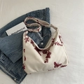 Cream canvas tote with red butterfly embroidery and adjustable shoulder strap - Beige Base Red Embroidery