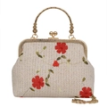 Pochette tissée beige avec broderie florale rouge et fermoir vintage en métal doré - Rouge