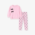 Toddler girls pink two-piece set featuring long sleeve sweatshirt and bow print trousers - 2Y(90cm) / Pink