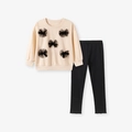 Ensemble fille avec sweat beige à nœuds 3D et pantalon noir, deux pièces automne - 3Y(100cm) / Beige Et Noir (K2030)