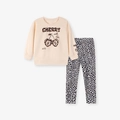 Ensemble fille avec sweat-shirt rose à motif cerise et pantalon léopard - 2Y(90cm) / Style Cerise Léopard Beige