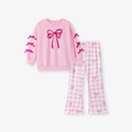Set loungewear rosa per bambina con maglia a fiocco e pantaloni a scacchi - 2Y(90cm) / Rosa (K2038)