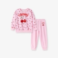 Pink toddler long sleeve pajama set with cherry print and HAPPY HAVE A NICE DAY text - 7Y(140cm) / Pink