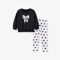 Girls long sleeve sweatshirt set with black bow print and matching heart pattern leggings - 2Y(90cm) / Black Sweatshirt White Printed Pants Set (K2076)