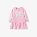 Abito rosa a maniche lunghe da bambina con grande fiocco bianco e gonna a pieghe - Rosa (KS051) / 2Y