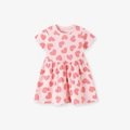 Abito rosa in cotone per bambina con cuori rossi e vita a pieghe a maniche corte - 2Y(90cm) / Stile Cuore Rosa (KS0132)