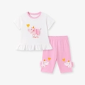 Ensemble d'été en coton rose pour filles avec motif hippopotame et imprimé mini circus - 2Y (90cm) / Blanc/Rose (K2146)