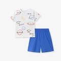 Kinder Baumwoll Set mit weißem Weltraum T-Shirt und blauen Shorts mit Gummizug - 2Y(90cm) / Weiß und Blau Druck (2180)