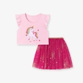 Completo estivo da bambina con top unicorno rosa e gonna in tulle fucsia - Completo Rosa Unicorno (2192) / 6Y(130cm)