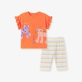 Conjunto de verano para niña con camiseta naranja de gato y pantalones de rayas - 2Y(90cm) / Naranja y Rayas