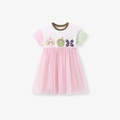 Abito estivo da bambina con gonna in tulle patchwork e simpatici ricami a cartoni - Patchwork Rosa Bianco (S3263) / 2Y(90cm)