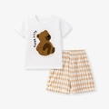 White cotton T-shirt with fuzzy bear patch and beige diamond lattice shorts set - White T-Shirt with Diamond Shorts / 2Y (Recommend Height 90cm)
