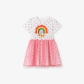 Abito estivo bimba con top bianco a pois, toppa arcobaleno e gonna in tulle rosa - 2Y(90cm) / Bianco Rosa Spliced Pois (S3239)