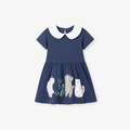 Abito in cotone blu navy per bambine con colletto Peter Pan bianco e ricamo gatto colorato - 2Y(90cm) / Blu Scuro (KS0119)
