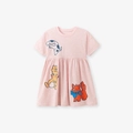 Abito rosa a maniche corte per bambine con animali a cartoni e trama floreale - 6Y(130cm) / Rosa