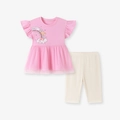 Meisjesset met roze T-shirt met kattenregenboogprint en witte legging - 3Y(100cm) / Roze Gaas Regenboog Kat Top En Gebroken Witte Broek Set (K2145)