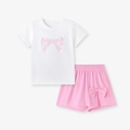 Girls summer set with white bow print T-shirt and pink shorts with side ribbons - K2174 / 2Y(90cm)