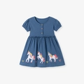 Navy blue polka dot girls dress with unicorn embroidery and wooden buttons - Navy Blue Polka Dot Unicorn (S3247) / 2Y(90cm)
