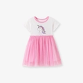 Robe licorne à manches courtes pour filles avec haut blanc et jupe en tulle rose - Patchwork Licorne Rose / 2Y(90cm)
