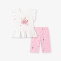Witte top met ruchesmouwen, konijnenprint en roze gebloemde legging tweedelig set - 2Y(90cm) / Witte Top en Roze Bloemenbroek (2209)