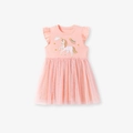 Rosa Tüllkleid für Mädchen mit Einhorn-Stickerei und gestuftem Netzrock aus Baumwolle - 2Y(90cm) / Rosa (S3261)