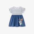 Kurzärmeliges blau-weiß gestreiftes Mädchenkleid mit Feen- und Pilzmotiven - S3246 (Vorverkauf) / 6Y(130cm)