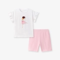 Ensemble d'été fille avec t-shirt blanc imprimé danseuse et short rose moulant - 2Y(90cm) / Ensemble T-shirt Blanc Danseuse et Short Rose (2202)