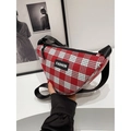 Fashionable red and white checkered waist bag with adjustable black nylon strap for women - M / Red