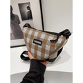 Brown and white checkered crossbody waist bag with adjustable strap and fashion label - M / Khaki