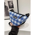 Blue and white checkered canvas waist bag with black strap and Fashion leather label - M / Blue