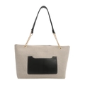 Minimalistische canvas shopper met zwart leren vak en goudkleurige ketting schouderriem - Zwart