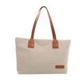 Large capacity canvas tote bag with brown leather handles and fashion label for women - Brown