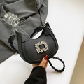 Chic black crescent underarm bag with a rhinestone buckle and woven shoulder strap - Black