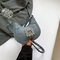 Grey-blue suede hobo bag with a square rhinestone buckle and woven handle - Blue