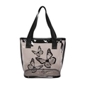 Transparent grey PVC tote bag with black butterfly prints and durable woven handles - Black