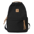 Minimalist black nylon backpack with brown leather trim and front pocket for school or travel - Black