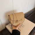 Chic beige lychee textured saddle bag with silver ball chain strap for women - Khaki