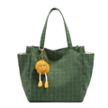 Green checkered knitted tote bag with cute yellow plush charm and woven texture - Single Bag / Dark Green