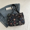 Borsa tote in tela nera con ricami di farfalle colorate e manici lunghi in pelle - Nero