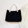Bolso tote de pana negro con estampado de fresas y correas de lona en blanco roto - Negro