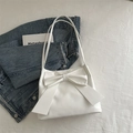 Bolso de hombro beige elegante con lazo grande en cuero sintético texturizado de mujer - Blanco
