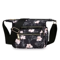 Black nylon crossbody bag with floral pattern and adjustable shoulder strap for women - Pink Large Flower