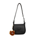 Sac bandoulière rétro en cuir noir pour femme avec breloque monstre en peluche marron - Noir