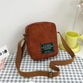 Minimalist brown corduroy crossbody bag with green label on blue checkered cloth - Brown